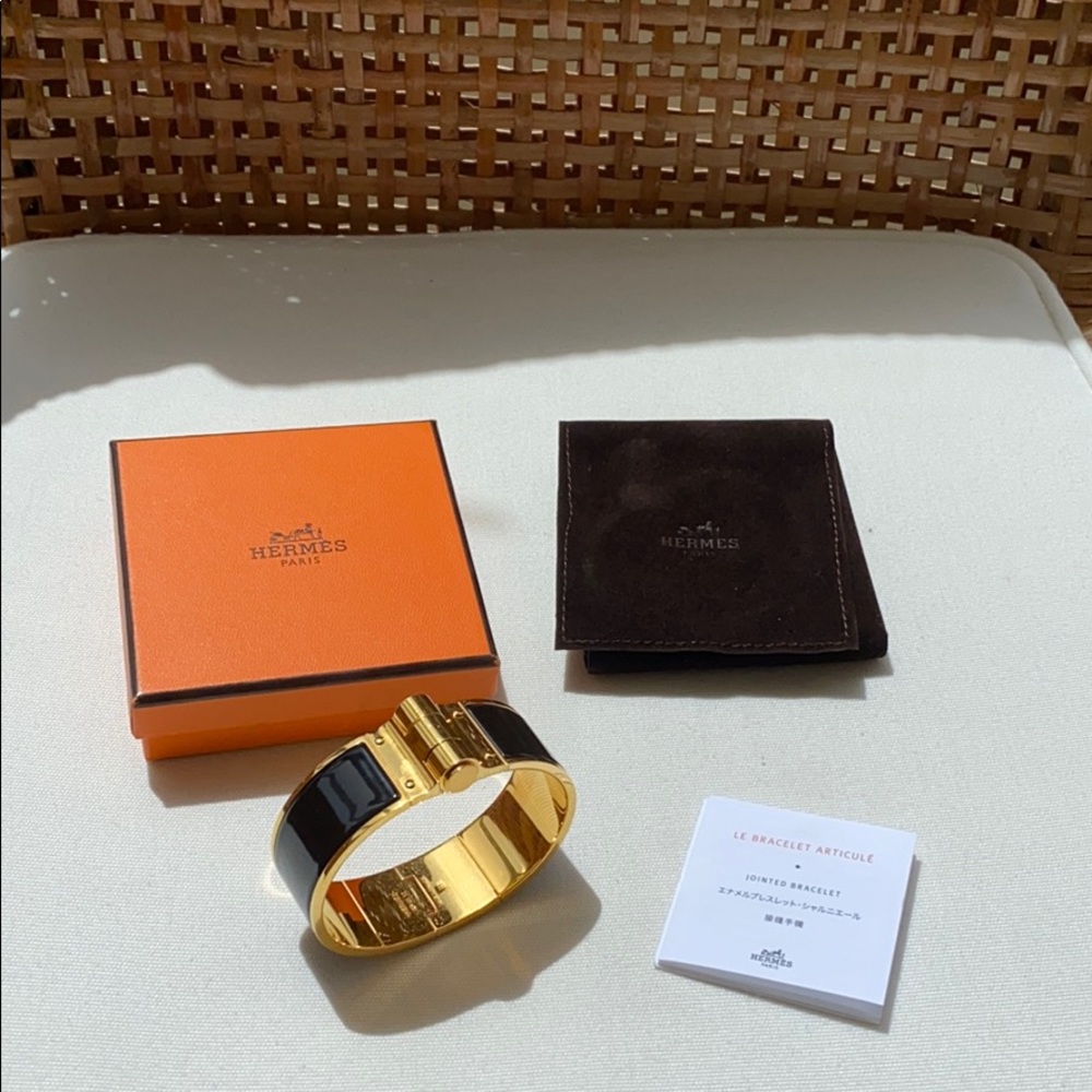 Hermes Enamel Hinged Black & Gold Bracelet